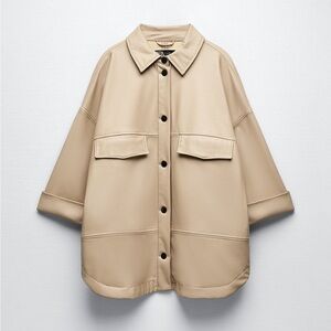 NWT. Zara Beige Faux Leather Overshirt with Chest Pockets. Size S.